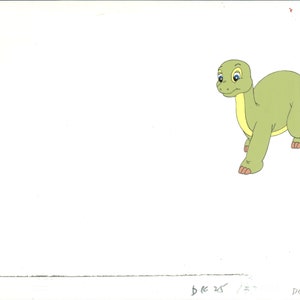 May include: A green cartoon dinosaur with blue eyes peeks out from behind a white wall. The dinosaur has a long neck and a small head.