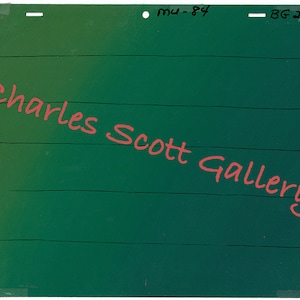 May include: A green background with horizontal black lines and the text "Charles Scott Gallery" written in red.