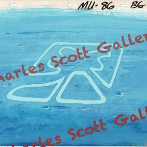May include: A blue and white abstract painting with the text "Charles Scott Gallery" in red.