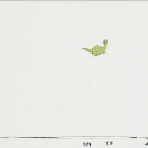 May include: A green cartoon dinosaur with a long neck and yellow eyes is sitting on a white background.