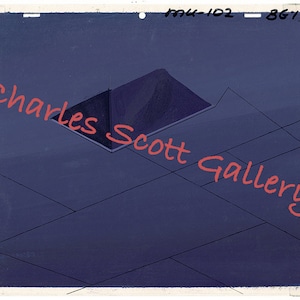 May include: A dark blue background with a black geometric shape in the center. The shape is a pyramid with a flat top. The background is divided into sections by thin black lines.