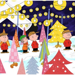 May include: A group of Peanuts characters stand in a snowy field, looking at a variety of Christmas trees decorated with different patterns. The trees are lit by string lights, and the characters are wearing winter clothes. The scene is set against a dark blue night sky.