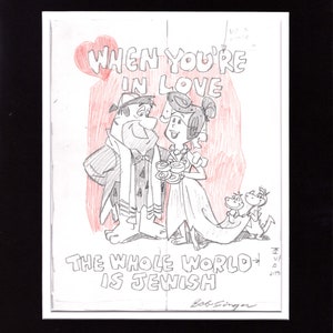 The FLINTSTONES Fred Barney Pencil Scene Drawing Signed by Bob Singer from a Jewish Wedding