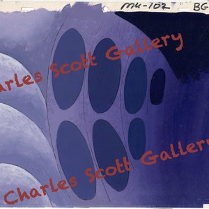 May include: A purple and blue abstract painting with a swirling pattern of overlapping circles. The painting is signed "Charles Scott Gallery" in the top right corner and bottom left corner.