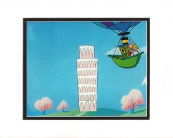 May include: A cartoon illustration of the Leaning Tower of Pisa with a hot air balloon flying over it. The balloon is green and has a basket with two people inside. The tower is white with pink accents and is surrounded by green grass and pink trees.