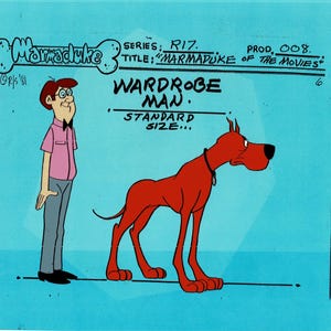 May include: A cartoon image featuring a red Great Dane dog and a man in a pink shirt and glasses. The text "WARDROBE MAN" and "MARMADUKE OF THE MOVIES" are visible. The image is on a blue background.