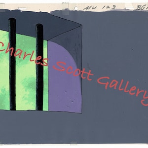 May include: A cartoon background illustration of a prison cell with two black bars and a purple wall. The cell is painted in a light green and gray color scheme.