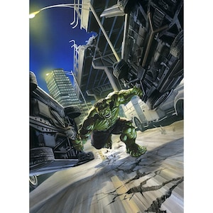May include: An illustration of the Hulk in a city scene, with overturned vehicles and a damaged overpass. The Hulk is depicted in a dynamic pose, with a green complexion and torn clothing. The background features a night sky and city buildings.