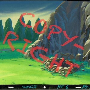 May include: An original animation cel featuring a landscape with a grassy field, rock formations, and trees under a blue sky. The words "COPY RIGHT" are written in red across the image. The bottom has the text "BF-6 - BG-183".