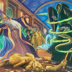 May include: A wizard in a blue and gold robe casts a spell with a wand, while a cloaked figure with a shield and a snake defends against the magic. A golden statue lies on the floor, surrounded by broken pieces.