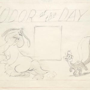 May include: A black and white pencil sketch of a cartoon dog and skunk. The dog is holding its nose and the skunk is looking at the dog. The text "ODOR of the DAY" is written at the top of the page.