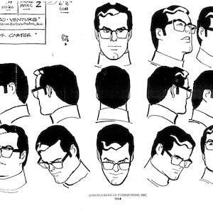 May include: Black and white cartoon character sketches of a man wearing glasses, in various poses. The text includes "MICRO-VENTURE" and "PROF. CARTER". The image is dated 1968 and includes the height of 6'3".