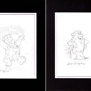 2 LOT The FLINTSTONES Fred Flintstone and Barney Rubble Pencil Drawings Signed by Bob Singer