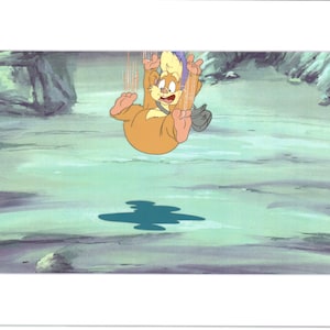 May include: A cartoon character with brown fur and a yellow shirt is falling headfirst into a body of water. The character is wearing a backpack and has a surprised expression on its face.