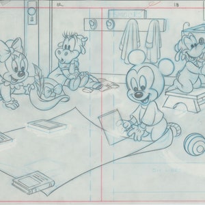 Walt Disney Babies Out And Around Show and Tell Book Page Illustration Drawing with Mickey Mouse and Minnie Mouse from 1991 b7239