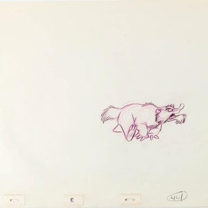 May include: A hand-drawn animation cel featuring a sketch of a badger in motion. The character is rendered in thin purple and red pencil lines on a plain off-white paper background. The number 44 is circled in the bottom right corner.