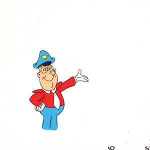 May include: Cartoon illustration of a man in a red jacket, blue pants, and a blue hat with a yellow emblem. He wears glasses, a white shirt, and gloves. The character is smiling and gesturing with his right hand.