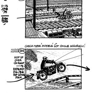 May include: Black and white comic strip panels depicting a motorcycle scene. The first panel shows a motorcycle on train tracks. The second panel shows a motorcycle jumping over a barrier. Text includes "DEVLIN'", "EXTEND TO LONG PAN B6", and "CHECK YOUR MODELS for CYCLE ACCURACY!"
