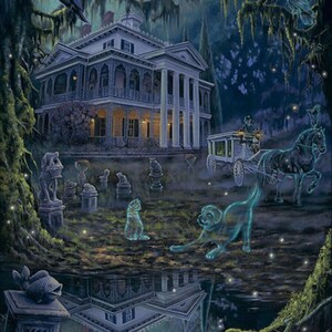 May include: A spooky, white mansion with a large porch and columns, surrounded by a dark, overgrown forest. A ghostly horse-drawn carriage is leaving the mansion, with glowing figures of a cat and dog in the foreground. The scene is lit by fireflies and the moon.