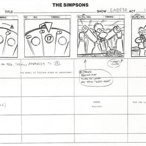 May include: A storyboard from The Simpsons cartoon series. The image shows a sequence of panels depicting a casino scene with Homer Simpson. The text includes "The Simpsons", "Film Roman", and dialogue bubbles.