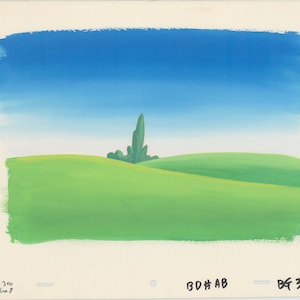 May include: A hand-painted illustration of a green field with a single tree in the center against a blue sky. The sky is painted with a light blue watercolor wash and the field is painted with a darker green watercolor wash.