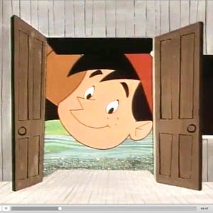 Puede incluir: Una ilustraci&oacute;n de dibujos animados de un personaje con cabello oscuro y tez bronceada asom&aacute;ndose por una puerta abierta. El personaje tiene una expresi&oacute;n sonriente y est&aacute; situado entre dos puertas de madera marr&oacute;n que dan al agua.