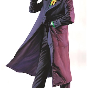May include: Illustration of a character in a purple overcoat and hat, with a green shirt and a yellow flower. The character is smiling, with green hair and white face paint. The character is wearing black gloves and shoes.
