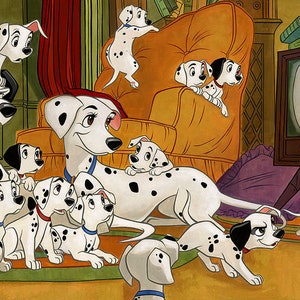 101 Dalmatians Walt Disney Fine Art Tim Rogerson Signed Limited Edition of 195 Print on Canvas &quot;Movie Night&quot;