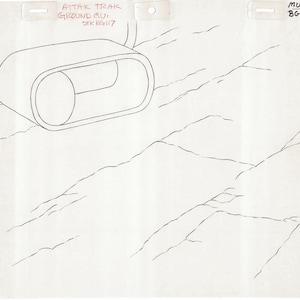 May include: A black and white line drawing of a futuristic vehicle driving over a rocky terrain. The vehicle is a long, cylindrical shape with a rounded front and a flat back. The text "ATTACK TRAK GROUND GUI STK BG117" is written in red at the top of the image.