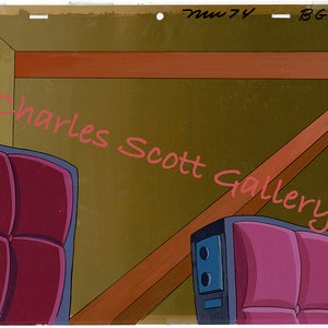 May include: A cartoon illustration of a room interior with two purple couches, a wooden beam, and a blue speaker with two knobs. The background is a dark green color.
