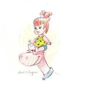 The FLINTSTONES Pebbles and Dino Large Pencil Drawing Signed by Bob Singer