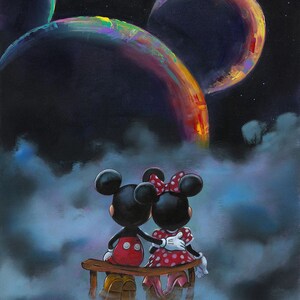 May include: Mickey Mouse and Minnie Mouse sit on a bench in front of a cloudy sky with three planets in the background. The planets are a vibrant purple, blue, and orange. The sky is a dark blue with stars.