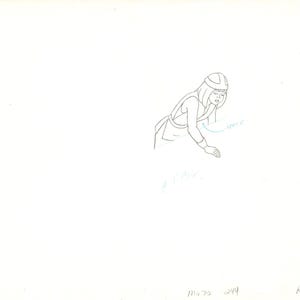 May include: A black and white line drawing of a person in a head covering and tunic, leaning forward with one arm extended. The word "space" is written in cursive next to the arm. The drawing is on a white background.