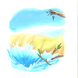 May include: A watercolor painting of a blue sky with a brown branch reaching down towards a blue and white water splash. The branch has green leaves and is broken into pieces. The water splash is surrounded by a yellow and brown background.