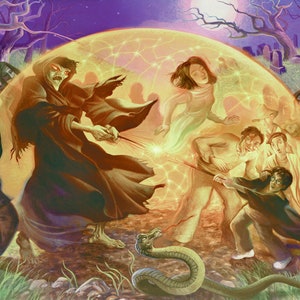 May include: A dark-robed figure with glowing red eyes casts a spell with a wand, surrounded by a glowing orb and other figures in a graveyard setting.