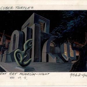 May include: A nighttime illustration of a modern art museum with a large, abstract green sculpture in front. The building has a large, arched entrance and several windows. The text "EXT. ART MUSEUM-NIGHT" is written at the bottom of the image.