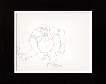 May include: A black and white line drawing of a cartoon gorilla wearing a bow tie and a shirt with a collar. The gorilla is standing with its legs spread apart and its arms outstretched.