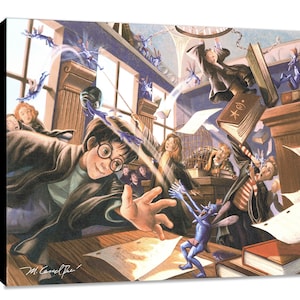 May include: A chaotic scene in a classroom with a young wizard, Harry Potter, casting a spell.  Blue pixies fly around the room, books are flying, and a cage is overturned.  The text "M. Cavalieri" is signed in the bottom left corner.