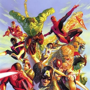 May include: A vibrant illustration of various superheroes in action against a blue sky. The Hulk, Spider-Man, and Captain America are prominently featured, along with Iron Man, The Thing, and others. The artwork showcases dynamic poses and colorful costumes.