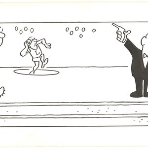 May include: Black and white cartoon illustration of a race with four competitors. The caption reads "Long Shots".