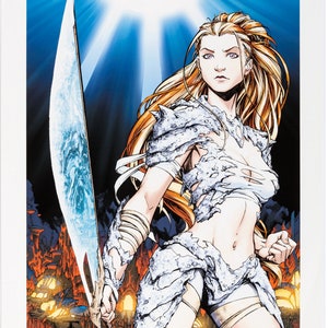 May include: A comic book cover featuring a woman with long blonde hair, wearing a white, tattered outfit and holding a large, blue, ice-like sword. The background is a fiery, orange and red cityscape. The text "FATHOM" is printed at the bottom of the image.
