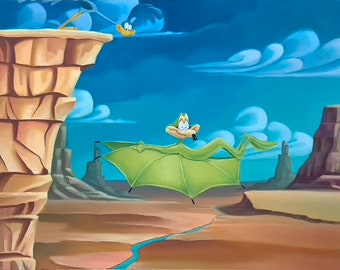 May include: A cartoon coyote wearing a green cape flies through the air with a desert landscape in the background. The coyote is flying towards a cliff where a cartoon roadrunner is perched.
