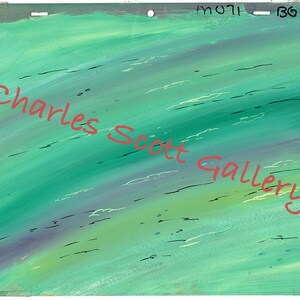 May include: A green and purple abstract painting with black lines and white dots. The painting is on a white background and has the text "Charles Scott Gallery" in red.