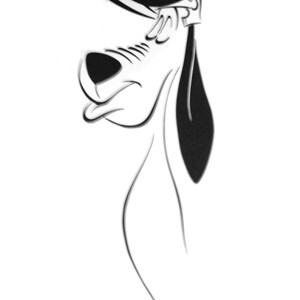 May include: Black and white line art illustration of a dog wearing a helmet. The dog is looking to the right and has a long snout. The illustration is signed "Cait Redding" in the bottom right corner.