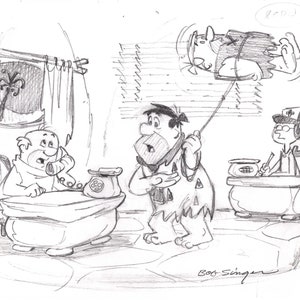 The FLINTSTONES Fred Barney Pencil Scene Drawing Signed by Bob Singer Nothing But the Tooth