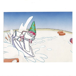 May include: A cartoon illustration of a gnome wearing a green hat with a yellow star, riding a white jet ski on a white background with blue water.