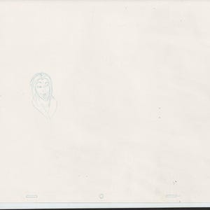 May include: A light gray animation production drawing on paper featuring a pencil sketch of a character head with long hair and an open mouth expression. The drawing is positioned on the left side of the rectangular sheet with the number 59 in the corner.