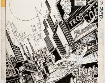 May include: Black and white comic book cover art featuring a city skyline with tall buildings and a large sign that reads "Ghost in the Machine". The cover art is for the comic book "Red Tornado" issue #4.