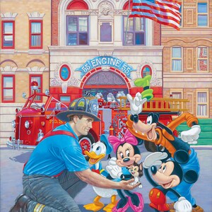 May include: A firefighter kneels in front of Mickey Mouse, Minnie Mouse, Donald Duck, Goofy, and Pluto. The characters are standing in front of a red fire truck with the words "F.D.N.Y." on the side. The fire truck is parked in front of a fire station with the words "55 Engine 55" above the garage door. An American flag is flying in the background.