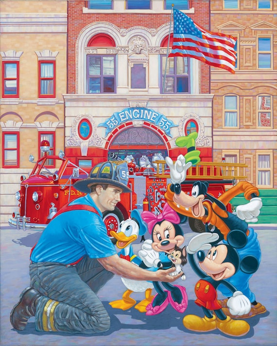 絵画　ミッキー・マウス ファイヤーワークス Mickey Mouse Fireman Walt Disney Fine Art Manuel Hernandez Signed